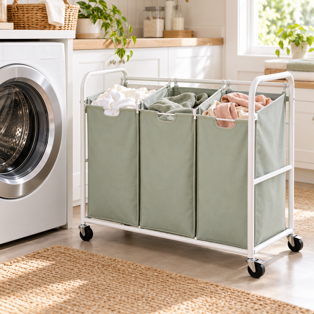 zyqverul 3-Compartment Rolling Laundry Sorter — laundry room setting