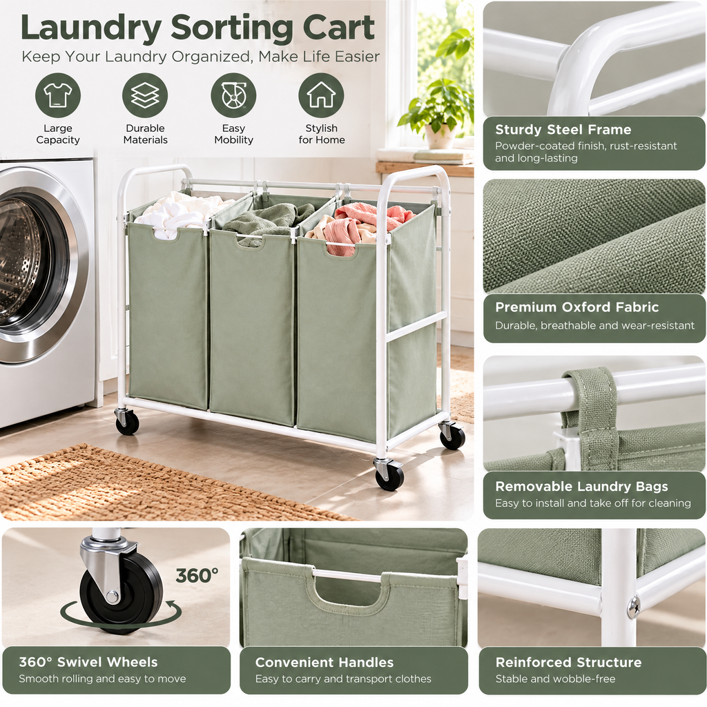 zyqverul 3-Compartment Rolling Laundry Sorter — design details