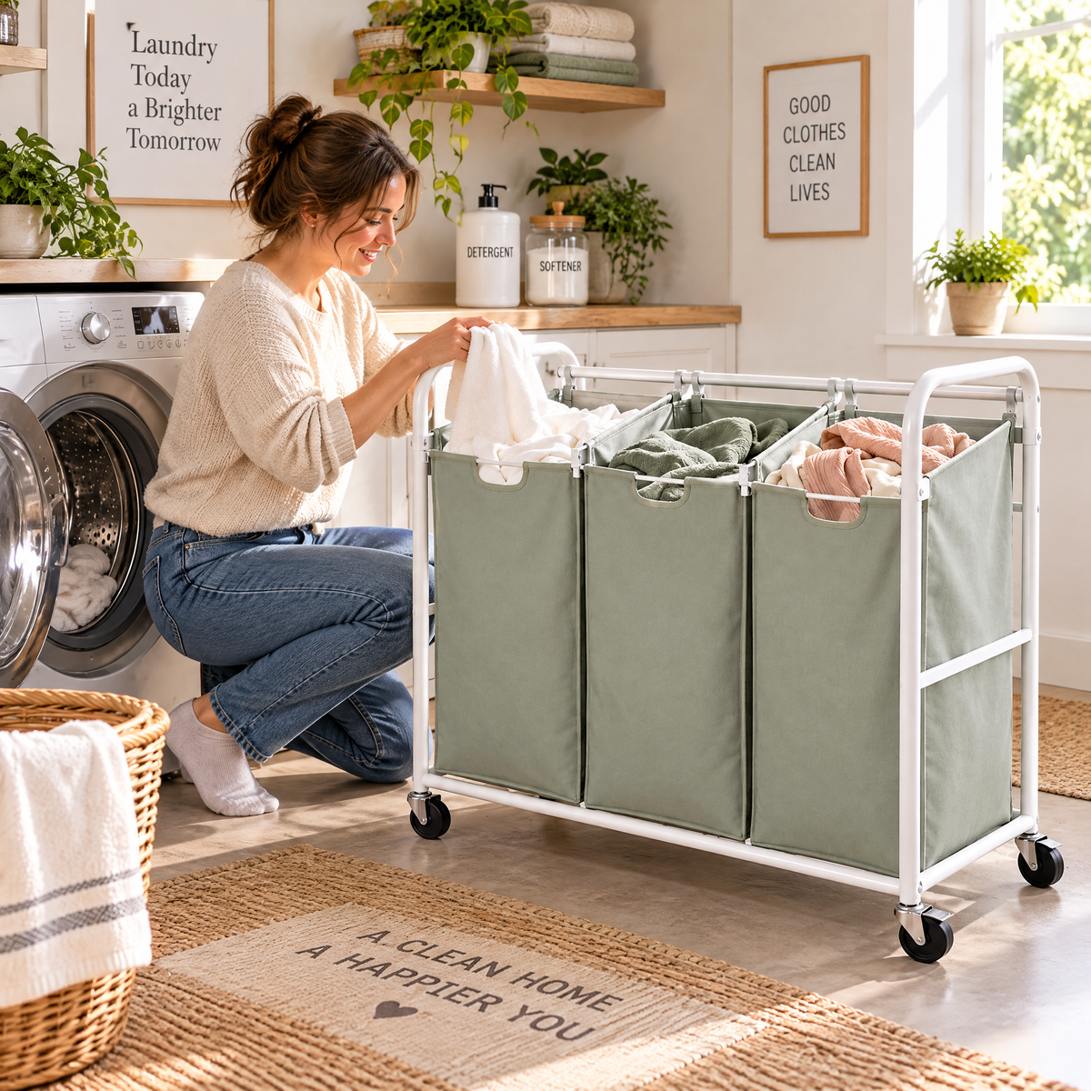 zyqverul 3-Compartment Rolling Laundry Sorter — lifestyle view