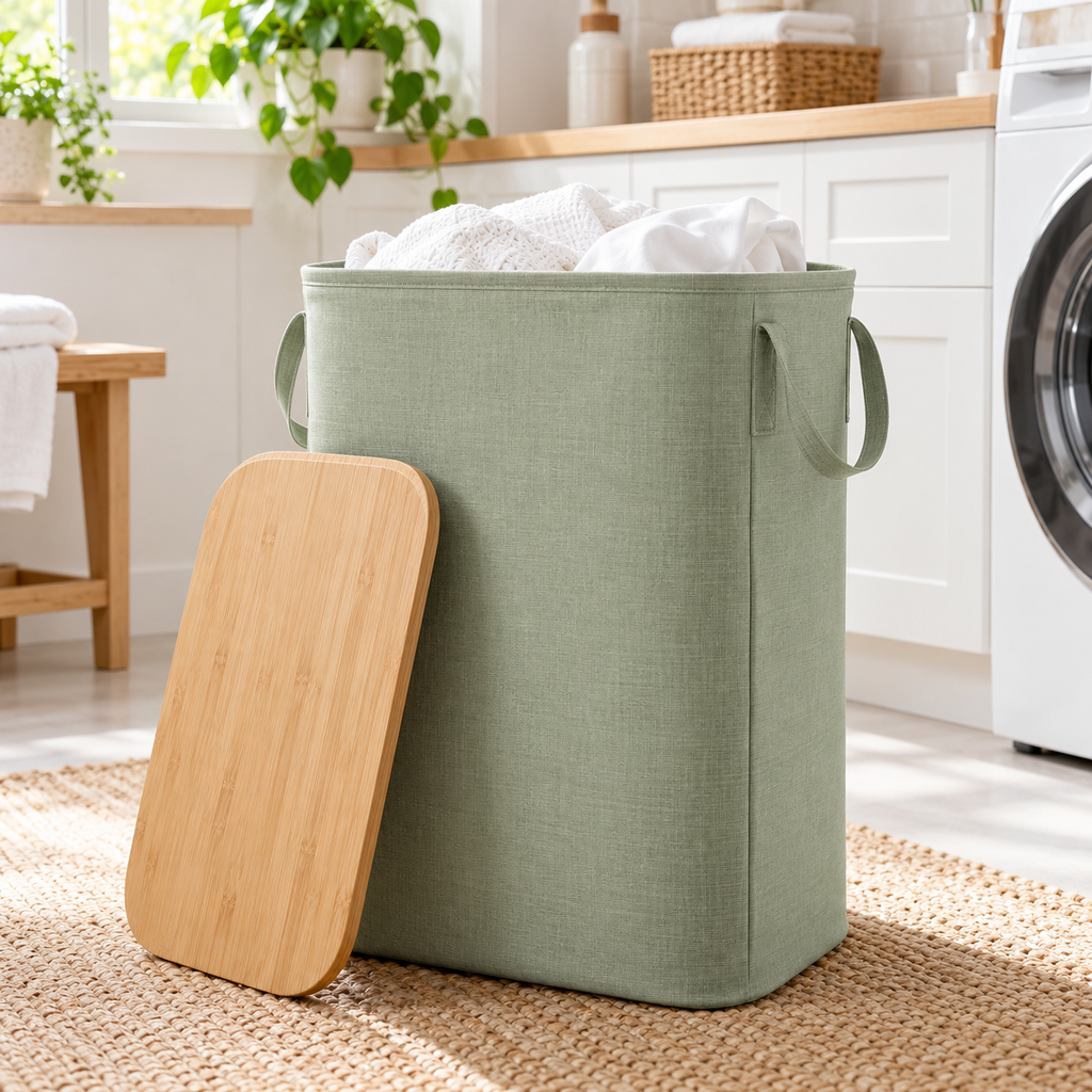 zyqverul Sage Laundry Hamper with Wood-Effect Lid — laundry room setting