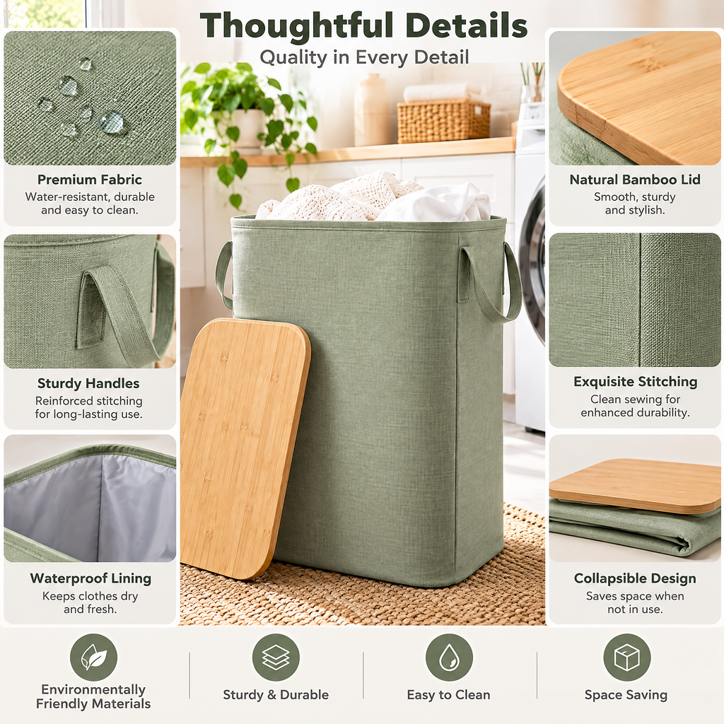 zyqverul Sage Laundry Hamper with Wood-Effect Lid — design details