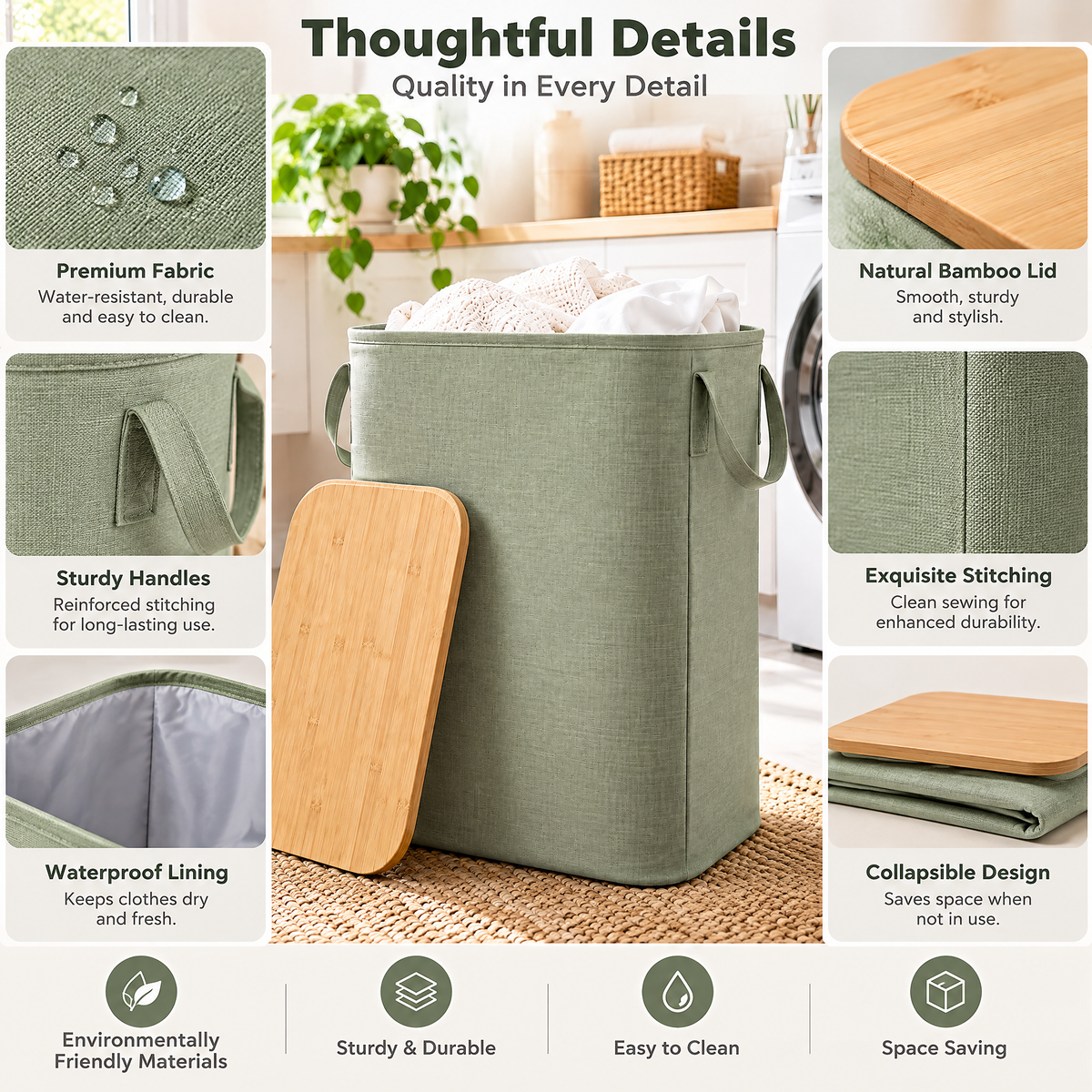 zyqverul Sage Laundry Hamper with Wood-Effect Lid — design details