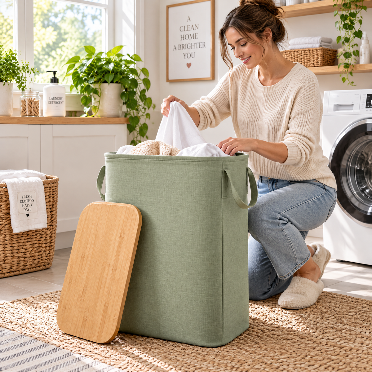 zyqverul Sage Laundry Hamper with Wood-Effect Lid — lifestyle view