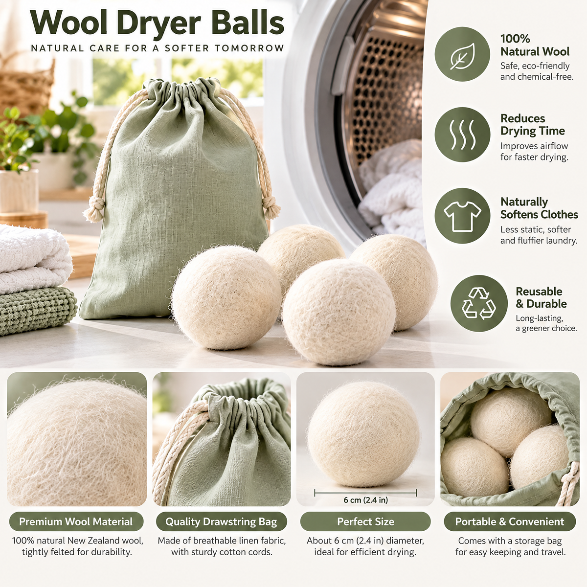 zyqverul Wool Dryer Balls with Storage Pouch — design details