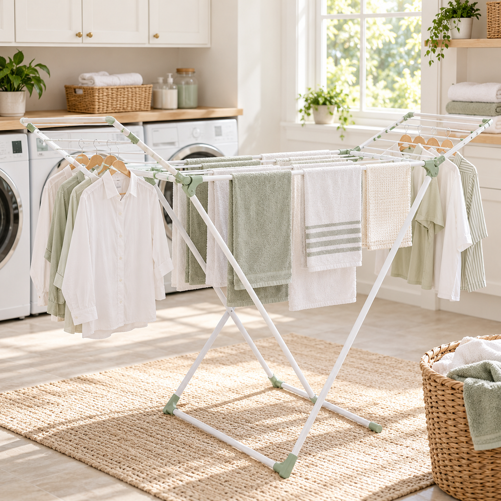 zyqverul Folding Winged Drying Rack — laundry room setting